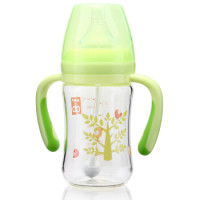 gb好孩子 婴儿玻璃奶瓶 婴幼儿 宝宝 宽口径 仿母乳实感 L 号自控流量奶嘴 带手柄吸管 180ml 绿色小树 *2件
