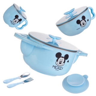 迪士尼（Disney）儿童餐具保温碗 宝宝316不锈钢餐具套装婴儿辅食碗吸盘碗叉勺子5件套蓝色米奇