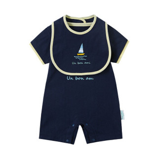 PurCotton 全棉时代 婴儿针织短袖连体衣+口水兜 (藏青、66/44 建议3-6个月、1条装)