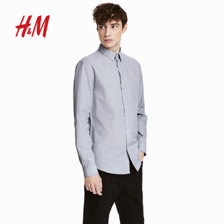 H&M 0501616__1 男士长袖衬衫 (深蓝色/蓝色图案、M)