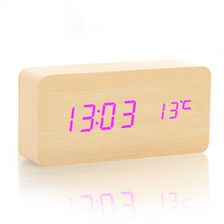 TIMESS闹钟 蓄电款静音电子钟声控锂电池LED学生创意时钟卧室温度多功能木头钟 竹皮紫灯