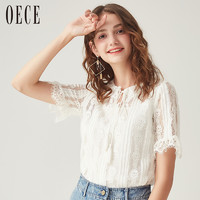 OECE 182FB460 女士系带短袖蕾丝衫 白色 S