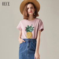 OECE 182FB168 女士菠萝亮片刺绣圆领短袖T恤 粉紫 S