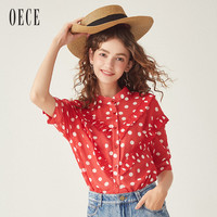 OECE 182FB502 女士木耳边短袖雪纺波点衬衫 大红 S