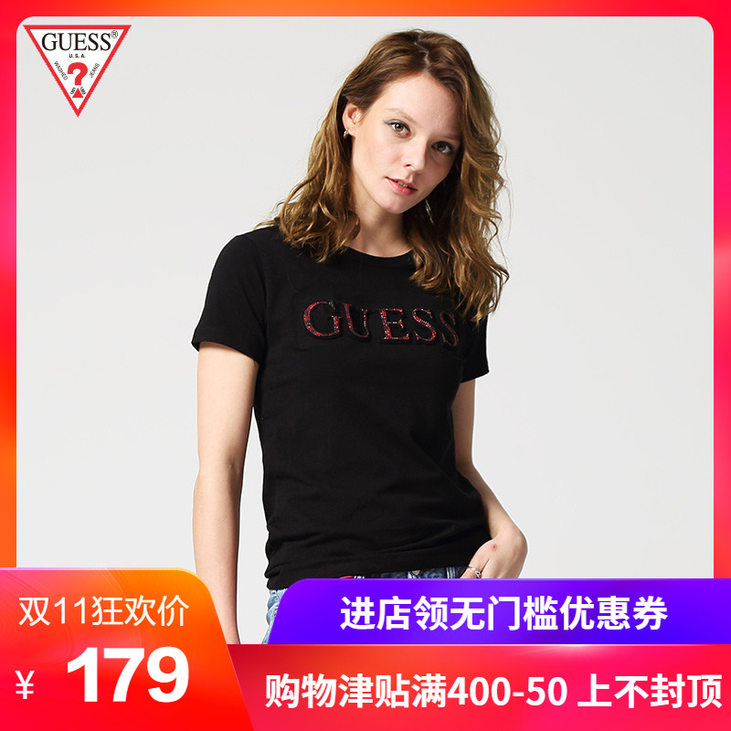 GUESS 盖尔斯 YI2K6426K 女士纯色圆领LOGO短袖T恤 蓝色 XS