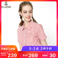 E·LAND 衣恋 EEYS86403I 女士刺绣竖条纹短袖衬衫 红色 S