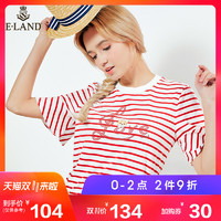 E·LAND 衣恋 EERA86603I 女士卡通印花条纹T恤 红色 S