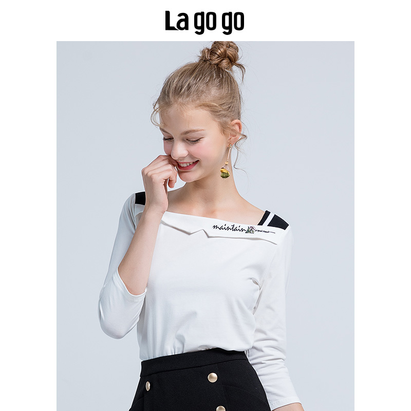 La·go·go 拉谷谷 HCTT417M03 女士学院风七分袖T恤 本白色 36