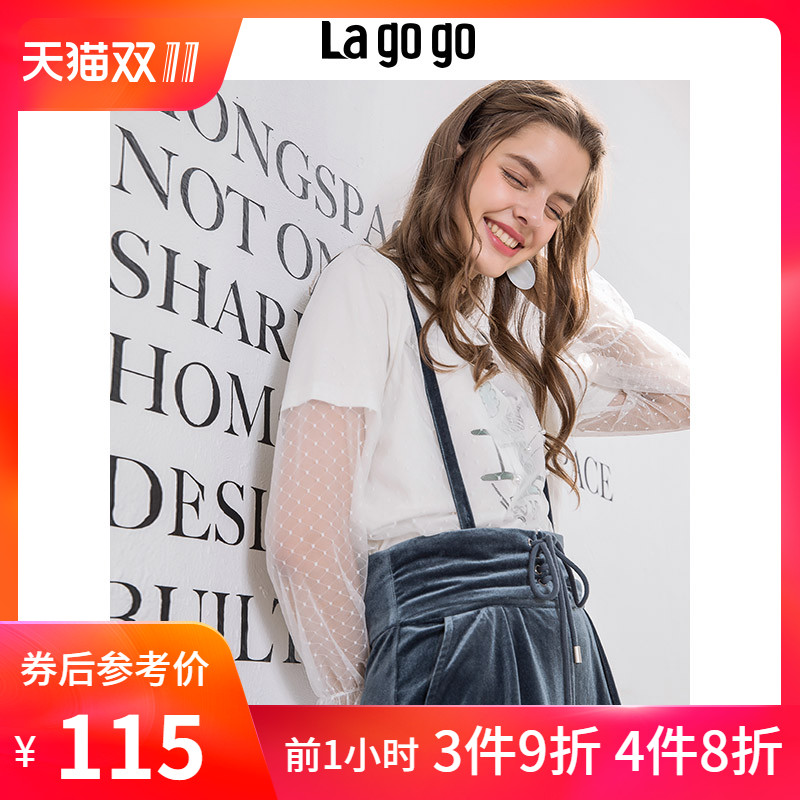 La·go·go 拉谷谷 HCTT516G51 女士网纱拼接印花长袖T恤