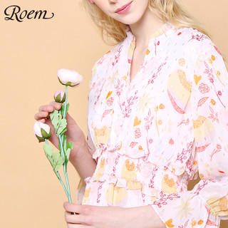 Roem 罗燕 女中长款碎花喇叭袖甜美风连衣裙雪纺收腰 RCOW86102B