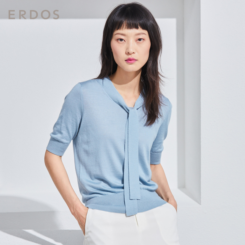 ERDOS 鄂尔多斯 E285A0101 女士纯色丝绒飘带针织T恤 桔红 L