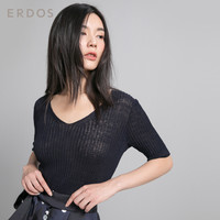 ERDOS 鄂尔多斯 E285D0046 女士V领螺纹修身亚麻半袖T恤 藏蓝 M