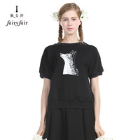 Fairyfair/淑女屋 FIAGJI2801 黑色圆领五分袖针织T恤
