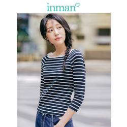 茵曼秋冬新款文艺范长袖黑白条纹恤女一字肩上