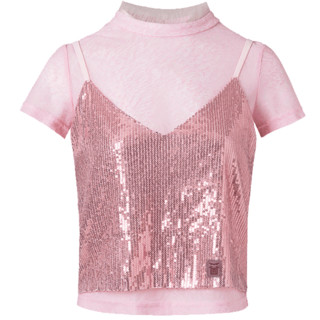 MUKZIN 密扇 1T7076 女士粉色亮片吊带圆领短袖T恤两件套 粉色 S