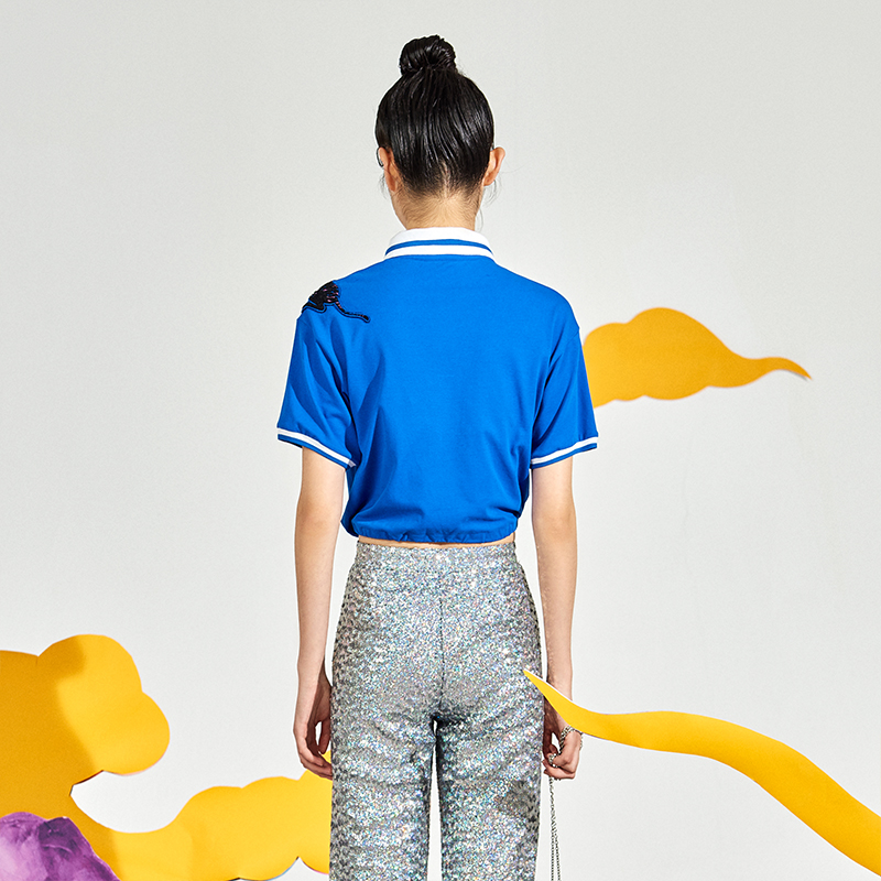 MUKZIN 密扇 T6662 女士刺绣系带宽松短袖衬衫 蓝色 S