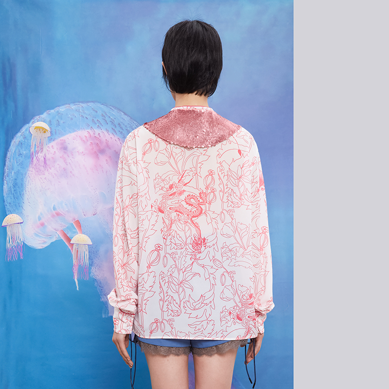 MUKZIN 密扇 E6583 女士印花雪纺长袖衬衫 粉色 S