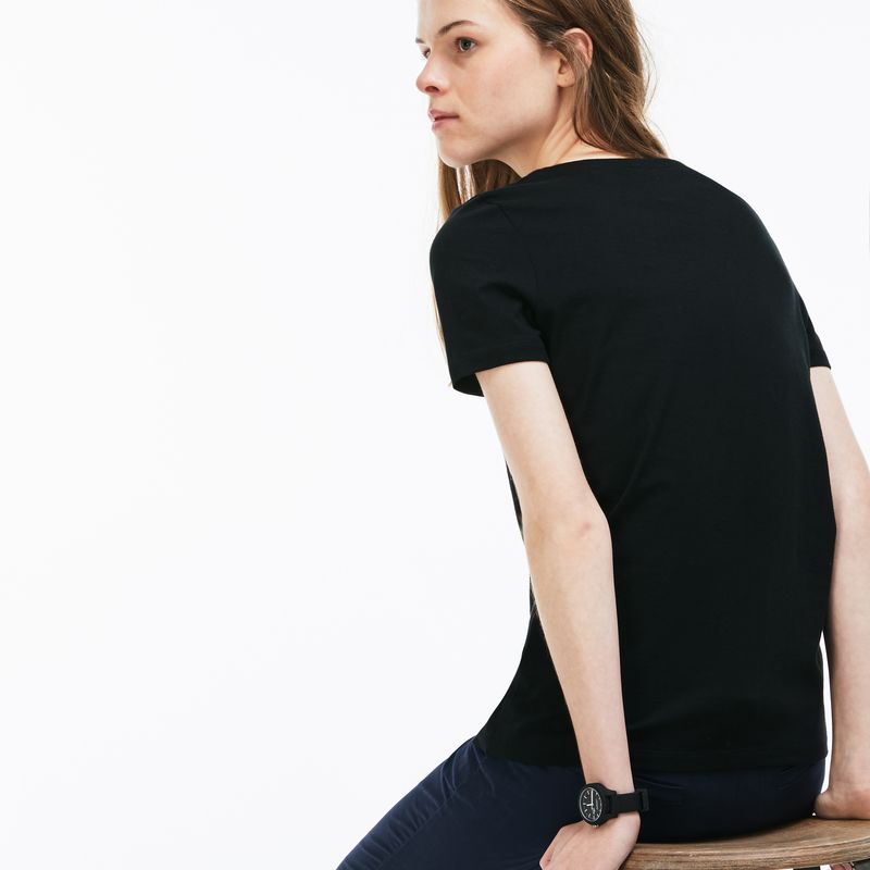 LACOSTE 拉科斯特 TF3080L1 女士休闲圆领纯色棉质短袖T恤 黑色 34