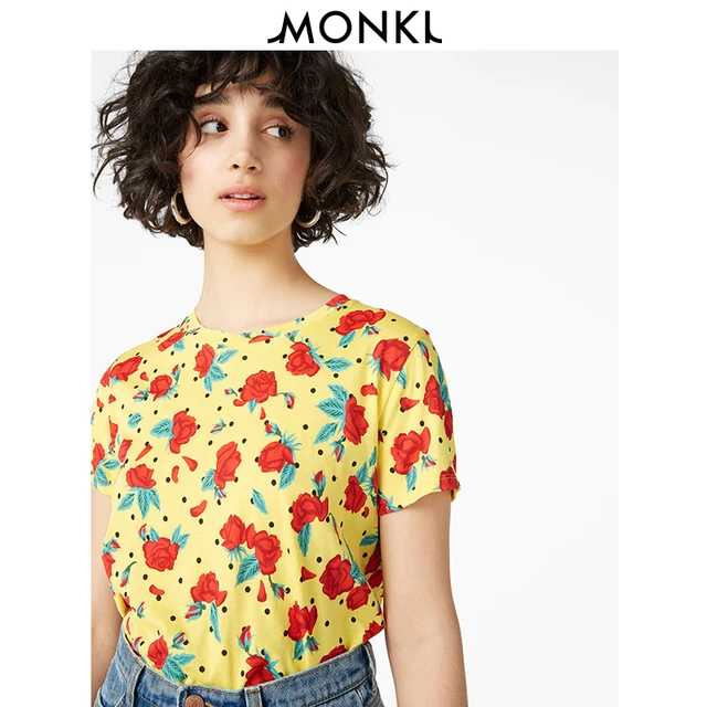 MONKI 0562509047001 女士印花圆领修身短袖T恤 黄色 XXS