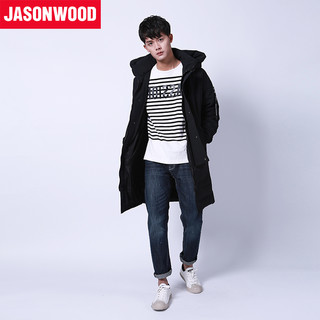 JASONWOOD 181814101 男士中长款加厚连帽羽绒服 黑色 S