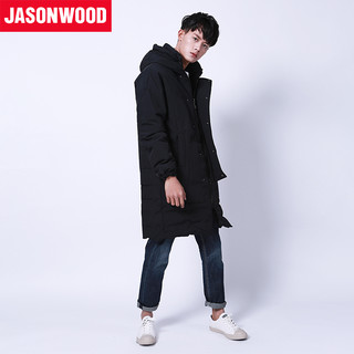 JASONWOOD 181814101 男士中长款加厚连帽羽绒服 黑色 S