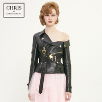 Chris by Christopher Bu A18EA73 女士斜肩拉链修身皮衣 黑色 S