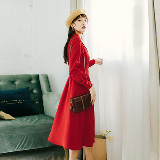 AnneChen 安妮陈 YZQ8912 红色法式气质复古中长款长袖打底裙 S码