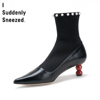 I Suddenly Sneezed 珍珠弹力布头层牛皮尖头短靴 珍珠黑色 39