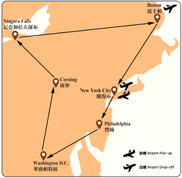 美国纽约+波士顿+华盛顿+费城+尼亚加拉大瀑布6天5晚跟团游