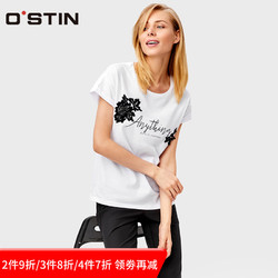 OSTIN蕾丝装饰刺绣设计T恤女秋季新品简约时尚自由上衣 LT4T33