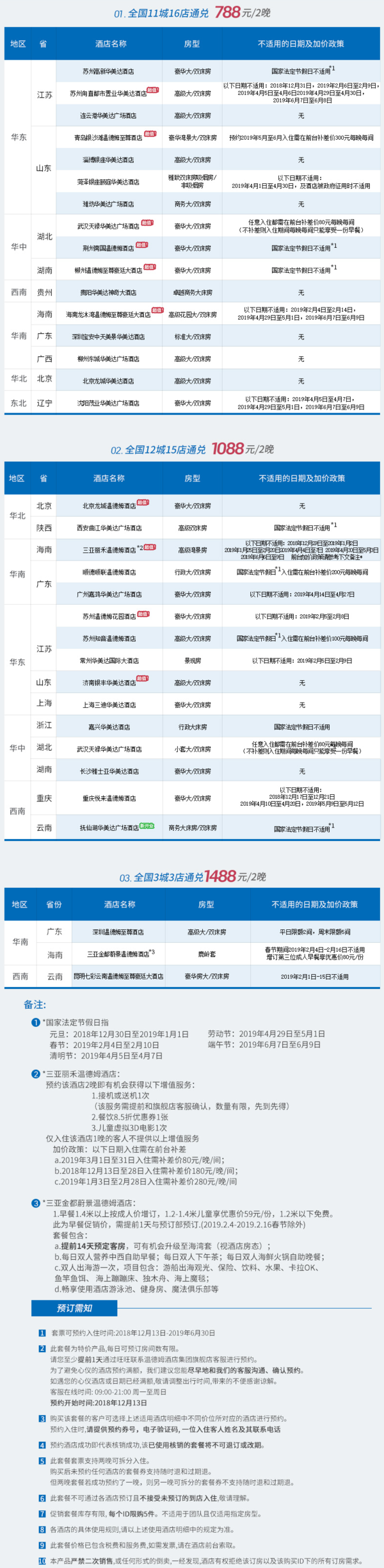 全国多地34家 温德姆高星酒店2晚通兑券（含双早，可拆分）