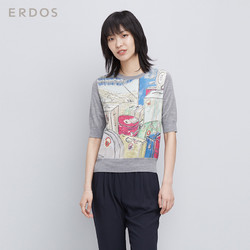 ERDOS 春夏VOYAGE旅行轻薄真丝趣味印花短袖女针织T恤 E276G0003