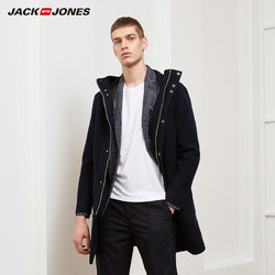JackJones杰克琼斯冬季男士中长宽松连帽毛呢大衣外套E|218427505