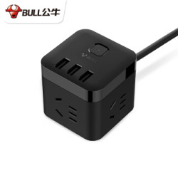 BULL 公牛 GN-U303H三位+3USB黑色魔方智能插座新国标总控开关全长1.5米线芯加粗带保护门接线板插排拖线板