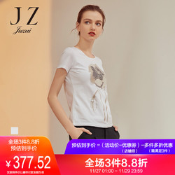 JUZUI/玖姿官方旗舰店2018秋装新款亮片绣花显瘦短袖棉T恤女上衣