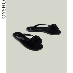 Oysho 黑色花朵装饰塑胶鞋底平底女士沙滩鞋人字拖 11179361040