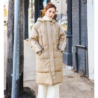 2018冬季韩版女款条纹织带休闲运动简约长袖加厚羽绒服女 S 卡其色