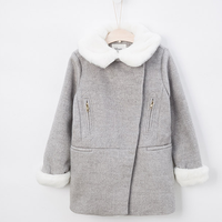 moomoo 女童斜门襟连帽呢大衣
