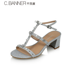 C.BANNER/千百度2018夏新品商场同款细带方跟女鞋凉鞋A8363382