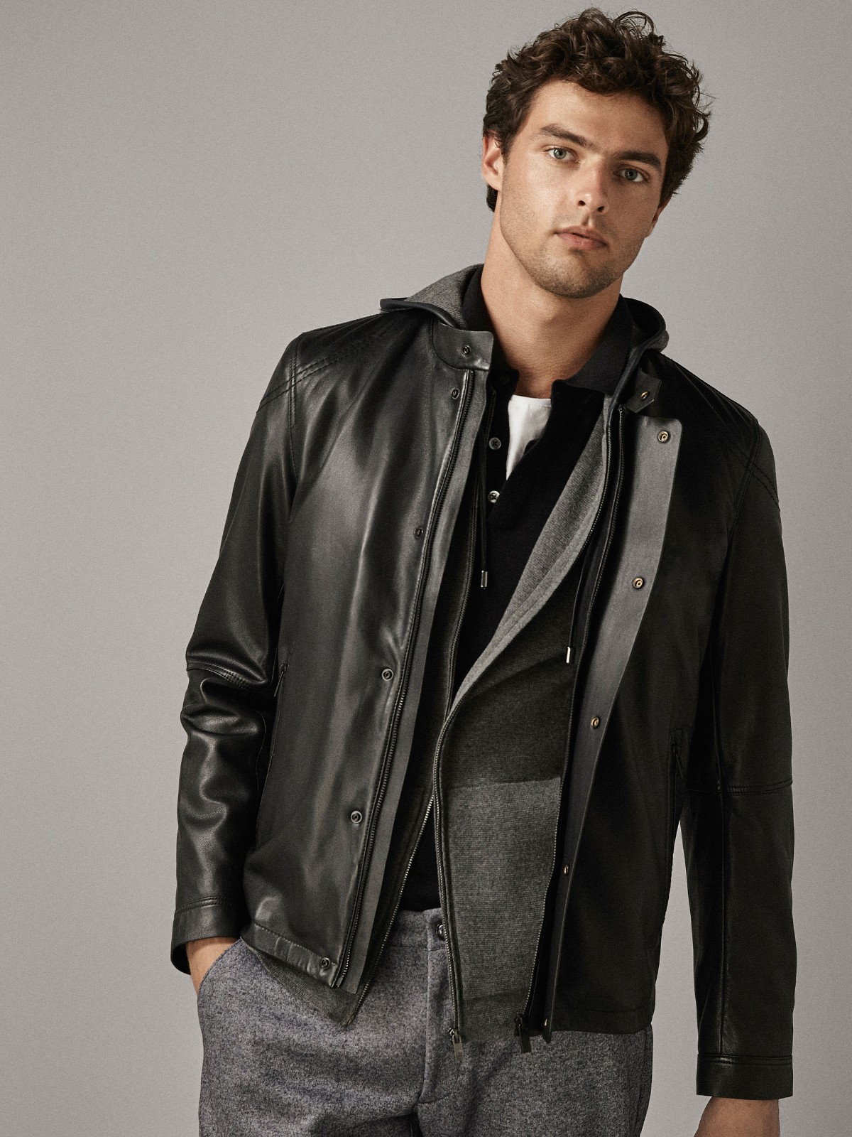 massimo dutti 03309419800 男装 缉线装饰纳帕革黑色真皮夹克