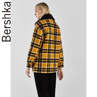 Bershka女士 冬装新款欧美格纹衬衫式中长款棉衣外套 06262310305