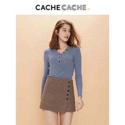 CacheCache 蓝色打底衫女2018秋冬新款复古紧身毛衣修身套头针织衫