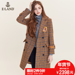 ELAND毛呢外套女2018冬季新款格子双排扣中长款大衣EEJW84T21A