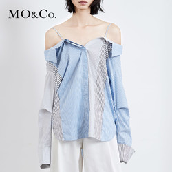 MOCO2018春季新品条纹拼接吊带一字肩衬衫MA181TOP101 摩安珂