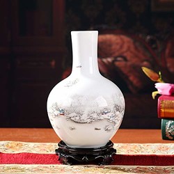 景德镇手工陶瓷中式客厅花瓶插花花器、(雪景天球瓶（实木底座）)