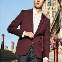 太平鸟男装秋冬新品男士一粒扣修身西装外套 L 酒红色