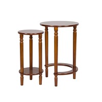 雅客集 贝拉胡桃色圆形套二桌 创意花架置物桌子 沙发茶几柜 大小花盆凳子 WN-14250WA