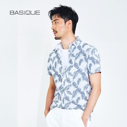 热带植物印花 棉麻短袖衬衫 男夏季修身亚麻休闲衬衣