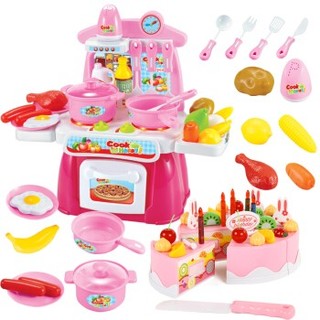 贝恩施 儿童玩具过家家玩具女孩男孩玩具角色扮演厨房玩具套装 标准款厨房 粉色+37件蛋糕切切乐