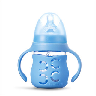 科斯贝尔 comisbell 宽口径玻璃奶瓶防胀气带手柄吸管防摔硅胶套圆弧形 150ml（蓝色） *2件